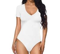 QKEPCY Body Manche Courte Femme Bodysuit Col V Élégant Moulant Confortable Bodys Extensible Top Basique Shapewear Gainant pour Tenue Quotidienne