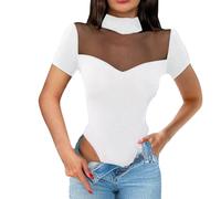 QKEPCY Body Manche Courte Femme Col Montant Transparent Bodysuit Élégant Maille Bodys Moulant Manches Courtes Shapewear Top chic pour Soirée