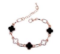 QKEPCY Bracelet Trèfle à Quatre Feuilles Bracelet à Breloques en Strass pour Femme Bracelet Réglable Plaqué or Rose Apportez Chance et Espoir Cadeaux pour Dames et Filles (Noir)