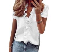 QKEPCY Chemisier élégant pour Femme avec col en V Volants Chemise Manches Courtes Pullover Uni Respiran Chemisie Femme Confortable Été Tunique (Blanc L)