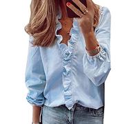 QKEPCY Chemisier pour Femme avec col en V Volants Chemise élégante à Manches Longues Mousseline Chemisier Casual Lâche Automne et Hiver Haut Décontracté pour Le Bureau (Bleu L)