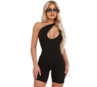 QKEPCY Combinaison Femme Été Asymétrique Une Épaule Combishort Moulant Ensemble Sport chic Body Stretch Col V Shorts Élégant Rompers Soirée Clubwear