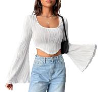 QKEPCY Crop Top à Manches Longues pour Femmes Décontracté T-Shirt Y2K à Manches Évasées Chemisier Moulant Col Rond Basique Slim (S)