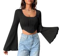 QKEPCY Crop Top à Manches Longues pour Femmes Décontracté T-Shirt Y2K à Manches Évasées Chemisier Moulant Col Rond Basique Slim (S)