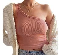QKEPCY Débardeur Femme Asymétrique Tank Top Côtelé One Shoulder Tops sans Manche Haut Chic Élégant Vetement Été Moulant Caraco Côtelé Tshirt Mode