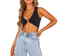 QKEPCY Débardeur Femme col en V Cami Débardeurs Casual Chemisier Y2K sans Manches Tops Simple Blouse Crop Tank Tops Basiques Débardeur Gilet Été sans Manches Camisole pour Femmes (Noir L)
