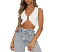 QKEPCY Débardeur Femme col en V Cami Débardeurs Casual Chemisier Y2K sans Manches Tops Simple Blouse Crop Tank Tops Basiques Débardeur Gilet Été sans Manches Camisole pour Femmes (Blanc M)