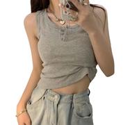 QKEPCY Débardeur Femme Haut Chic Casual Tank Top Femme Col en U Sexy Crop Tops sans Manches Gilet d'été avec Boutons sur la Poitrine