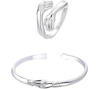 QKEPCY Ensemble Bague Ajustable Main Sculptée Argent 925 Bracelet Jonc Ouvert Bijoux Femme Élégant Style Minimaliste