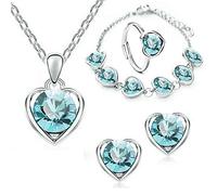 QKEPCY Ensemble Bijoux Cœur Cristal Brillant Collier Boucles D'oreilles Bracelet Bague Argenté Élégant Parure Femme