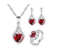 QKEPCY Ensemble Bijoux Cœur Cristal Nœud Celtique Collier Boucles D'oreilles Bague Argent Zircon Femme Romantique