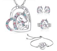 QKEPCY Ensemble Bijoux Licorne Coeur Cristal Collier Bracelet Bague Boucles Oreilles Argenté Strass Multicolore Bijouterie Filles Enfants