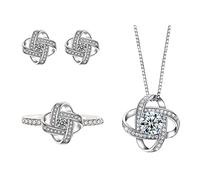 QKEPCY Ensemble Bijoux Nœud Celtique Cristal Zirconium Collier Boucles Oreilles Bague Argent Brillant Élégant Parure Femme