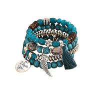 QKEPCY Ensemble Bracelets Multicouches Perles Naturelles Pompon Aile Charme Bijoux Bohème Ethnique Bracelet Empilable Femme