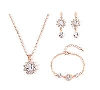 QKEPCY Ensemble de Bijoux Tournesol pour Femme Cristal Incrusté Or Rose Fleur Pendentif Réglable Collier Boucles D'oreilles Bracelet Set pour Mariage Prom Parure Bijoux Fantaisie Femme