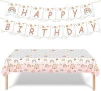 QKEPCY Ensemble Nappe Arcenciel Guirlande Fanions Décoratifs Motif Pastel Bannière Célébration Décoration Table Fête Enfants Réception