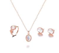 QKEPCY Ensemble Pierre Lune Ovale Bijoux Femme Collier Bague Boucles Oreilles Élégant Cristal Brillant