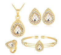 QKEPCY Ensembles de Bijoux Collier forme de goutte d'eau Boucles d'oreilles Bague Bracelet Série Pendant Goutte d’Eau Elégant Vintage pour Femmes Convient à fête de Mariage (Blanc)