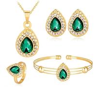 QKEPCY Ensembles de Bijoux Collier forme de goutte d'eau Boucles d'oreilles Bague Bracelet Série Pendant Goutte d’Eau Elégant Vintage pour Femmes Convient à fête de Mariage (Vert)