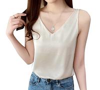 QKEPCY Femme Debardeur Gilets col V Femme T-Shirts sans Manche Casual Débardeur de Soie Été Col Dos Nu Cami Débardeur (Beige XL)