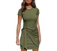 QKEPCY Femme Robe Moulante à Manches Courte Col Rond Casual Robe Casual Soirée Elégante Chic Printemps d'Été Basique avec Cordon Nœud Papillon (Vert Armée M)