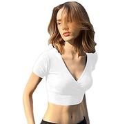 QKEPCY Femmes Débardeurs Sexy Col V Court Tops Blouse Stretch Manche Court Slim Crop Top T-Shirt Uni Été Casual Crop Top Casual Tshirt (Blanc M)