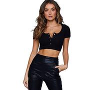 QKEPCY Haut Court Femme Manche Courte Y2k Crop Top Sexy T-Shirt d'été Slim Fit Haut Col Rond Tops Chic Décontractée Boutonnage Basiques Cropped Shirt (as4, Alpha, m, Regular, Regular, Noir)