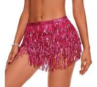 QKEPCY Jupes Paillettes Enveloppées De Franges Rave Danse du Ventre Hanches Écharpes Costumes De Danse pour Femmes Filles pour Bal Performance