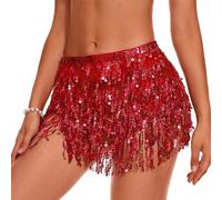 QKEPCY Jupes Paillettes Enveloppées De Franges Rave Danse du Ventre Hanches Écharpes Costumes De Danse pour Femmes Filles pour Bal Performance