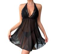 QKEPCY Lingerie Sexy Femme Babydoll en Dentelle et Tulle Transparent Décolleté en V Corset Nuisette Longue Séduisante Tenue de Nuit avec String (Noir L)