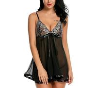 QKEPCY Lingerie Sexy Femme Coquine Hot Babydoll Dentelle Transparente Tenue Érotique Nuisette Bretelles Ajustables Ensemble Séduction Combinaison Nuit Romantique sous Vêtements