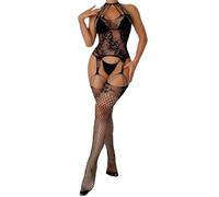 QKEPCY Lingerie Sexy Femme Coquine Hot Bodystocking Résille Dentelle Tenue Érotique Combinaison Résille Motif Floral Collant Intégré Ensemble Nuisette