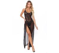 QKEPCY Lingerie Sexy Femme Coquine Hot Combinaison Longue Transparente Dentelle Tenue Érotique Nuisette Bretelles Body Robe Fendue Ensemble Élégant Séduction