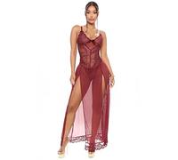 QKEPCY Lingerie Sexy Femme Coquine Hot Combinaison Longue Transparente Dentelle Tenue Érotique Nuisette Bretelles Body Robe Fendue Ensemble Élégant Séduction