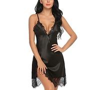 QKEPCY Lingerie Sexy Femme Coquine Hot Nuisette Satin Bretelles Fines Dentelle Asymétrique Tenue Érotique Vêtements Nuit Ensemble sous Vêtements Séduction