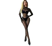 QKEPCY Lingerie Sexy Femme Manches Longues Bodystocking Combinaison Femme Lingerie Body en Dentelle Transparent Body dos Nu Maille Bodysuit
