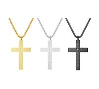 QKEPCY Lot de 3 Collier Croix Homme en Acier Titane Pendentif Croix 3?5 x?5?cm sur Chaîne 60?cm Argent Noir et Or Antiallergique Anti Baptême et Quotidien (C)