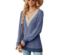 QKEPCY Manches Longue Top Femme T-Shirts Décontractés à Long Sleeve Col V à Manches Longues Coupe Classique (Bleu Clair L)
