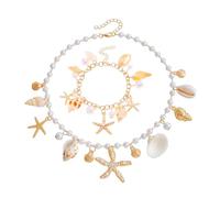 QKEPCY Parure Bijoux Femme Bohème Perle Coquillage Pendentif Étoile de mer Collier Bracelet Bijoux de Plage D'été