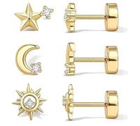 QKEPCY Piercing Oreille Design Étoile Lune et Soleil en Acier Inoxydable pour Femme Boucles d'Oreilles Mode Élégante et Tendance (Or)