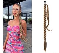 QKEPCY Queue de Cheval Extension, 80cm Postiche Cheveux Tressage Extensions Extension de Cheveux Longue Droit Naturel Postiche Synthétique Ponytail Extension (Brun moyen et blond fraise)