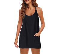 QKEPCY Robe à Bretelles Femme Spaghetti Bretelles Fines Mini Robe Droite avec Poches Robes Chic Et Elegant Vetement Soirée Cocktail Summer Dress Boheme