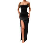 QKEPCY Robe Débardeur Femme Longue Eté Slim Moulante Robe sans Manches à Spaghetti Bretelles Stretch Casual Décontracté Vacances Robes Séparer Cache Cocktail Soirée (Noir S)