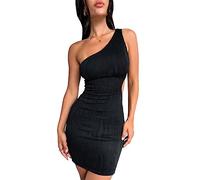 QKEPCY Robe Epaule Denudee Femme Asymétrique Une Bretelle Moulante Côté Ouvert Robes Chic Et Elegant Soirée Cocktail Club Fête Cérémonie Mariage Plissée Texture