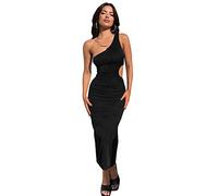 QKEPCY Robe Epaule Denudee Femme Asymétrique Une Bretelle Moulante Longue Chic Et Elegant Côté Découpe Soirée Cocktail Club Robe de Soiree Sexy Tendance Bretelle Fine