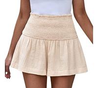 QKEPCY Short Femme Été Taille Haute Smocké Shorties Gaze de Coton Décontracté Fluide Plage Vacances Sport Élastique Léger Confortable