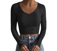 QKEPCY T-Shirt à Manches Longues Sexy pour Femme T-Shirt Slim Fit Y3K Cropped Shirt T-Shirt Femme Moulant Couleur Uni Crop Top(M)