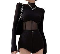 QKEPCY T-Shirt Female Mesh Blouse Sexy Transparente Tops Crop Top Cut-Out Transparent Manche Longue Pull Moulant à Manches Longues Clubwear Haut Rond Serrée Elastique Fishnet Tee Shirt (M)