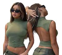QKEPCY T Shirt Femme à Manches Courtes Col Montant Dos Ouvert Tshirt Moulant Haut Court Crop Top Elastique Tendance Mode Été Streetwear Décontracté