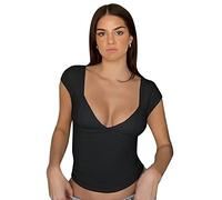 QKEPCY T Shirt Femme à Manches Courtes Col V Profond Tshirt Moulant Haut Décontracté Élégant Top Court Coupe Ajustée Tee Basique Mode Casual Streetwear